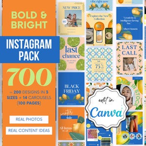 Citrus Instagram Templates: Mediterranean Canva Social Media Kit, Canva Editable IG Package, Lemon, Lime, Orange Instagram Posts for Creator