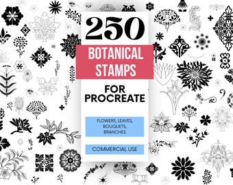 May include: A collection of 250 black botanical stamps for Procreate, featuring flowers, leaves, bouquets, and branches. The image includes various floral designs and the text "COMMERCIAL USE".