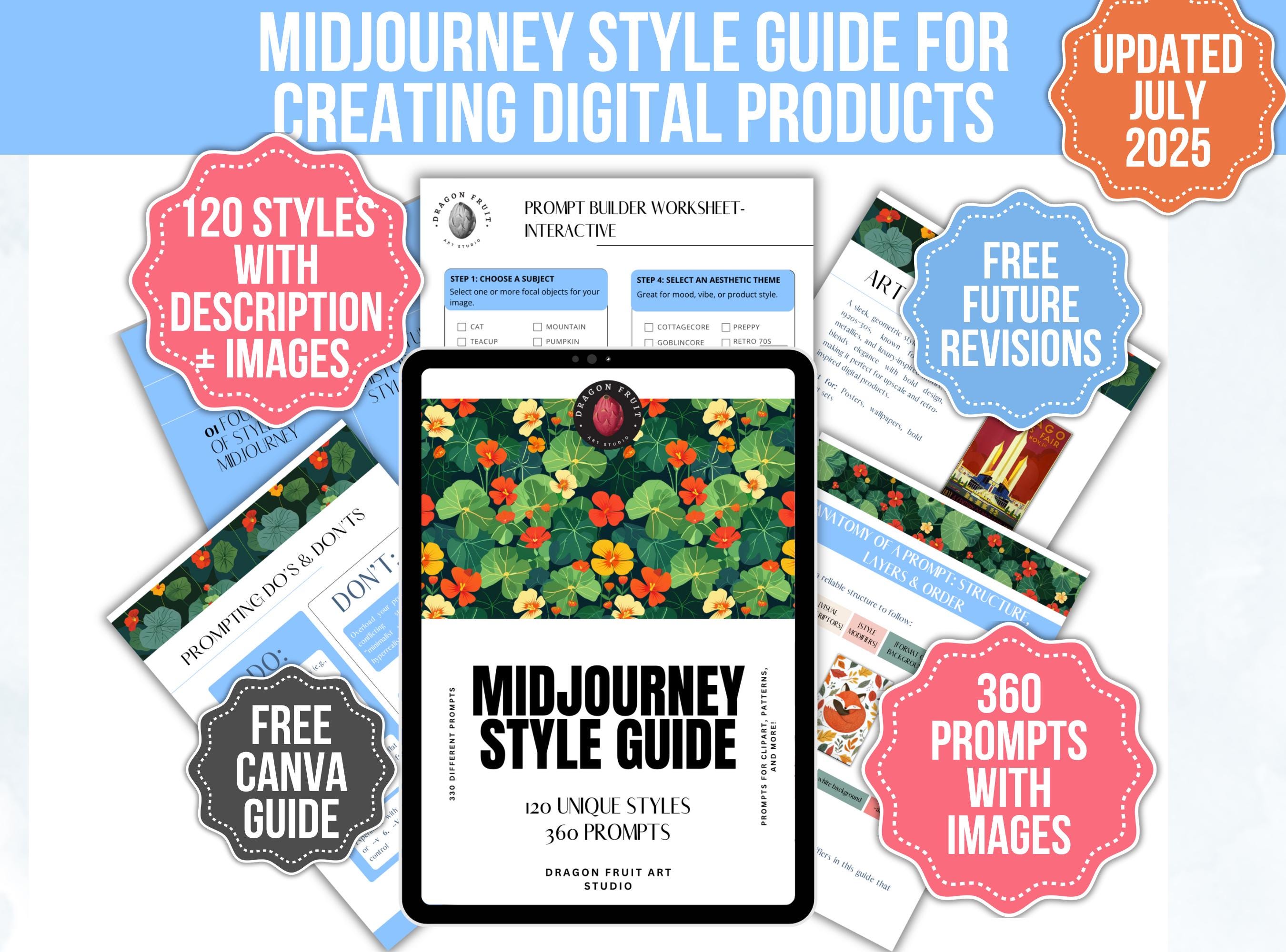 Midjourney Style Guide for Digital Products, 360 Midjourney Prompts for Digital Sellers, 120 Aesthetic Styles, AI Art Prompt Builder, PDF