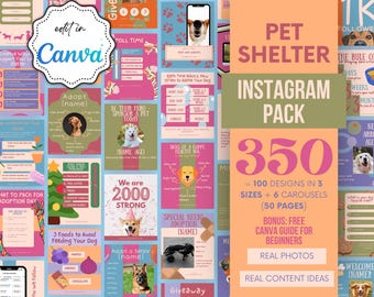Modelli Instagram per rifugi per animali per Canva, post modificabili per il salvataggio di cani e gatti, modelli Canva per rifugi per animali, grafica per l'adozione di animali domestici