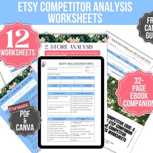 Könnte beinhalten: Ein Etsy-Konkurrenzanalyse-Arbeitsblatt-Set mit 12 Arbeitsblättern, einem 32-seitigen E-Book und einem kostenlosen Canva-Leitfaden. Die Arbeitsblätter sind im PDF- und Canva-Format. Der Text "ETSY COMPETITOR ANALYSIS WORKSHEETS" ist enthalten.