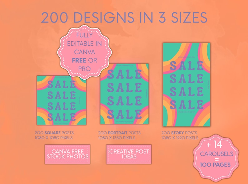 Examples of square, portrait, and story-sized Canva Instagram templates in matching styles, emphasizing design versatility for feed and stories.