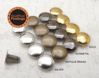 May include: Assortment of metal rivets in silver, antique brass, gunmetal, and gold finishes. The rivets are round and have a domed top. The image also includes a single rivet post.