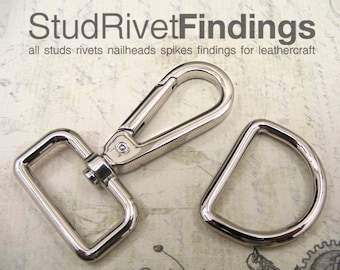 May include: Shiny silver metal hardware for leathercraft. Includes a D-ring, a rectangular ring, and a swivel clasp. The text "StudRivetFindings" is at the top, with the text "all studs rivets nailheads spikes findings for leathercraft" below.