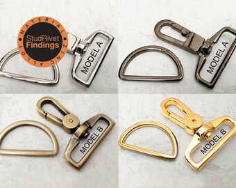 May include: Four sets of metal hardware for bags or other crafts. Two sets are silver, one is gold, and one is brass. Each set includes a D-ring and a swivel hook. The hooks are labeled "Model A" and "Model B".