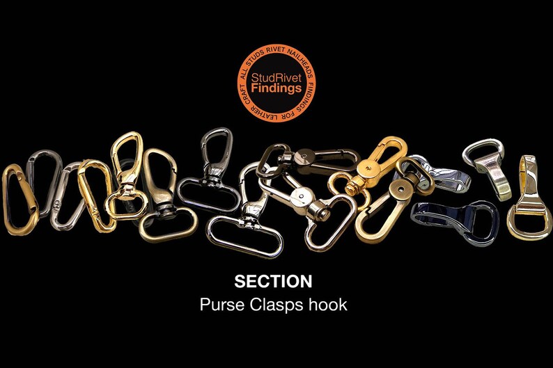 Puede incluir: Una variedad de cierres y ganchos para bolsos en acabados met&aacute;licos variados, oro, plata y negro, sobre un fondo negro. La imagen incluye el texto "SECTION Purse Clasps hook" y un logotipo circular con el texto "StudRivet Findings".