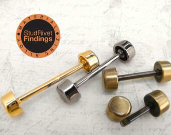 May include: Four metal rivets in gold, silver, and brass finishes. The rivets have a round head and a threaded post. The rivets are used for attaching fabric, leather, or other materials.
