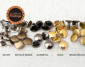 May include: A collection of metal rivets in various finishes, including silver, antique brass, gunmetal, gold, and brass brush. The image displays different rivet styles, with the names of the finishes labeled below. The logo "StudRivet Findings" is in the upper left corner.