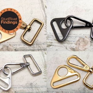May include: Four sets of metal swivel hooks and D-rings in different finishes: gold, silver, black nickel, and antique brass. The hooks are made of zinc alloy and are suitable for bags, purses, and other accessories.