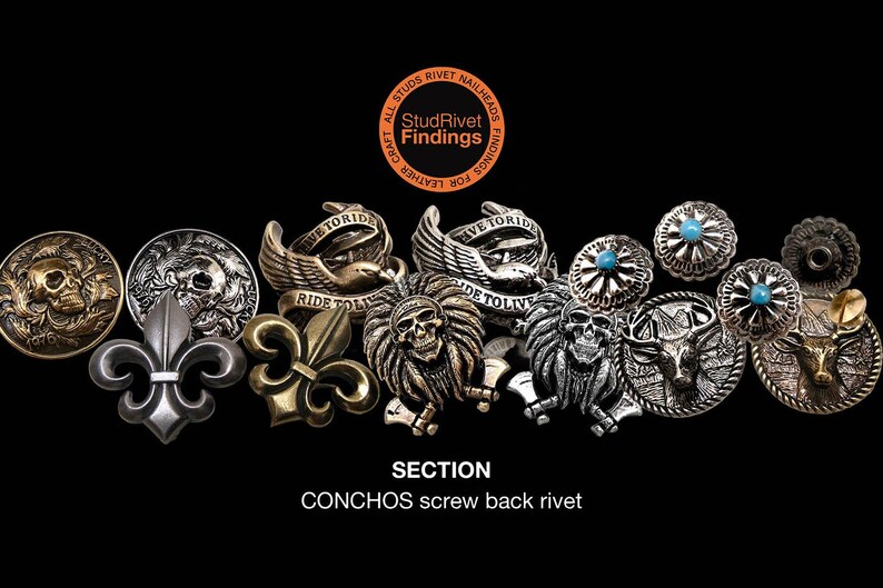 Puede incluir: Una colecci&oacute;n de conchos y remaches met&aacute;licos con varios dise&ntilde;os, incluyendo calaveras, flor de lis y detalles turquesa. La imagen muestra el texto "StudRivet Findings" y "CONCHOS screw back rivet."