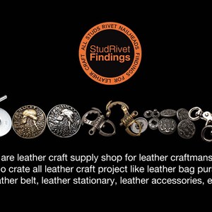 Puede incluir: Surtido de suministros para la elaboraci&oacute;n de cuero que incluyen remaches, tachuelas, clavos y cierres. La imagen incluye el texto "StudRivet Findings" y "CRAFT ALL STUDS RIVET NAILHEADS FINDINGS FOR LEATHER".