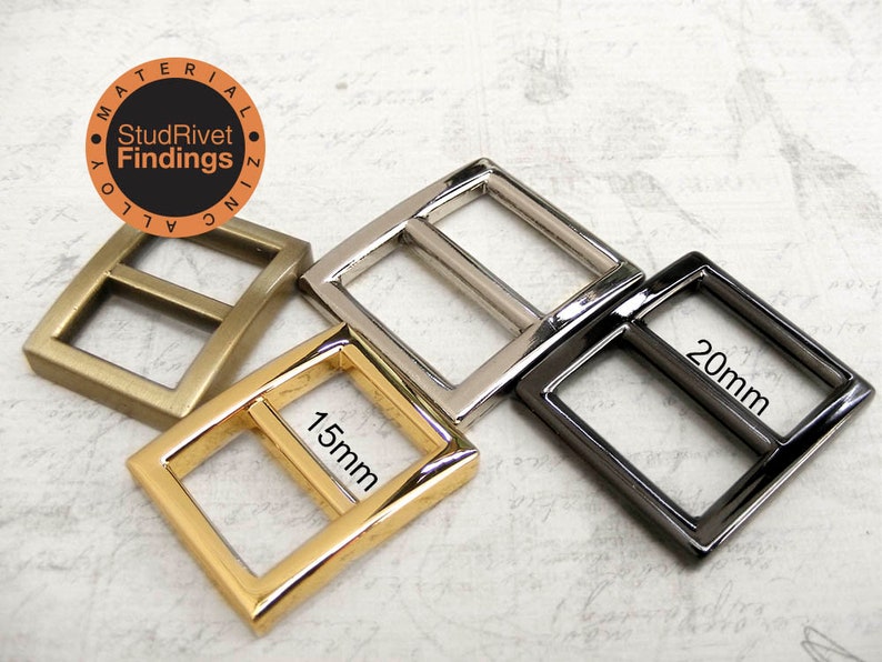 May include: Three metal buckle slides in gold, silver, and black. The buckles are 15mm, 20mm, and 20mm in size. The buckles are made of zinc alloy.