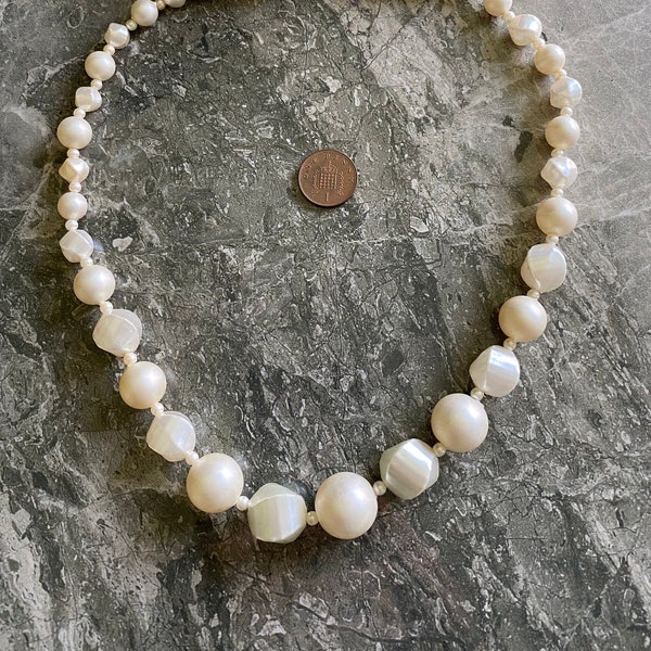 Vintage Chunky Necklace, Off White Fancy Shaped Pearlised Beads, Re Threaded, Single Strand