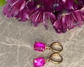 Fuchsia Pink Glass Rectangular Rhinestone, Brass Coloured Hoop Earrings