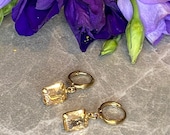 Champagne Glass Rectangular Rhinestone, Brass Coloured Hoop Earrings