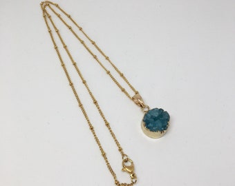 Blue Druzy Necklace, Natural Quartz, Gold Plated Stainless Steel Chain with tiny Intermittent Beads