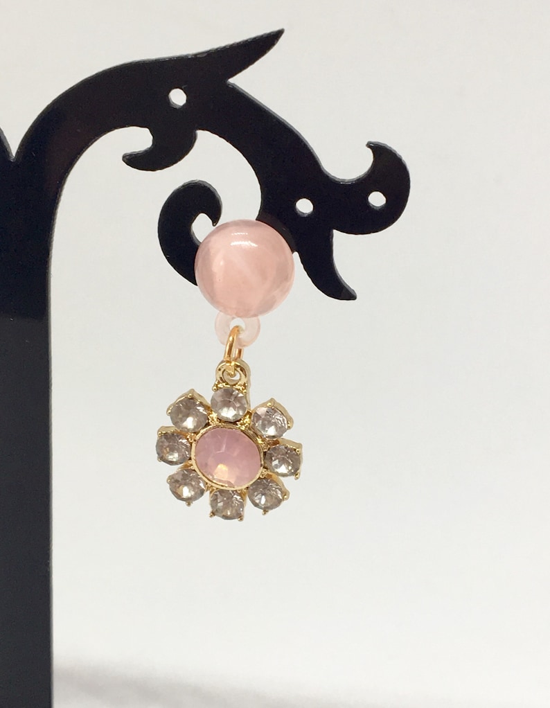 Pink Resin and Rhinestone Retro Style Flower Drop Earrings