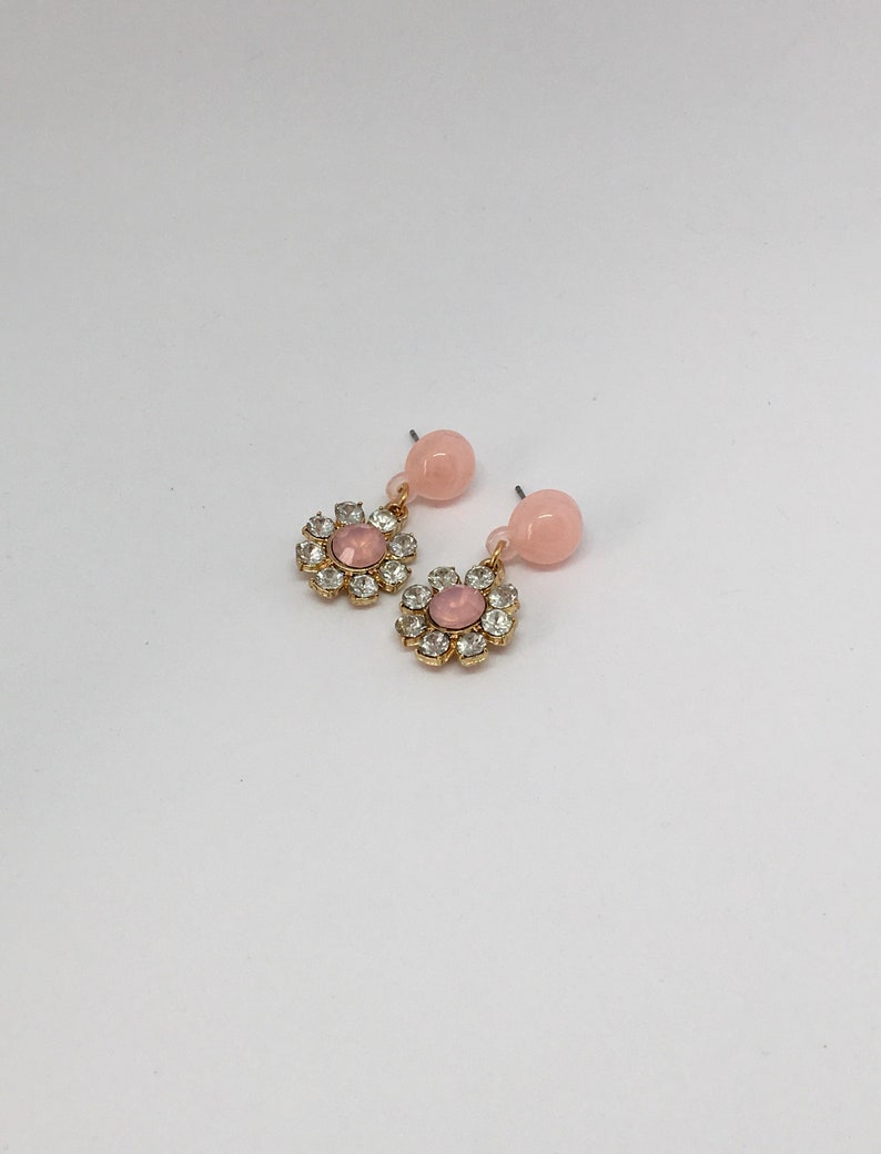 Pink Resin and Rhinestone Retro Style Flower Drop Earrings