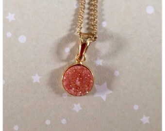 Real Druzy, Quartz stone Pendant, Peach Colour, 18 inch Gold Plated Necklace