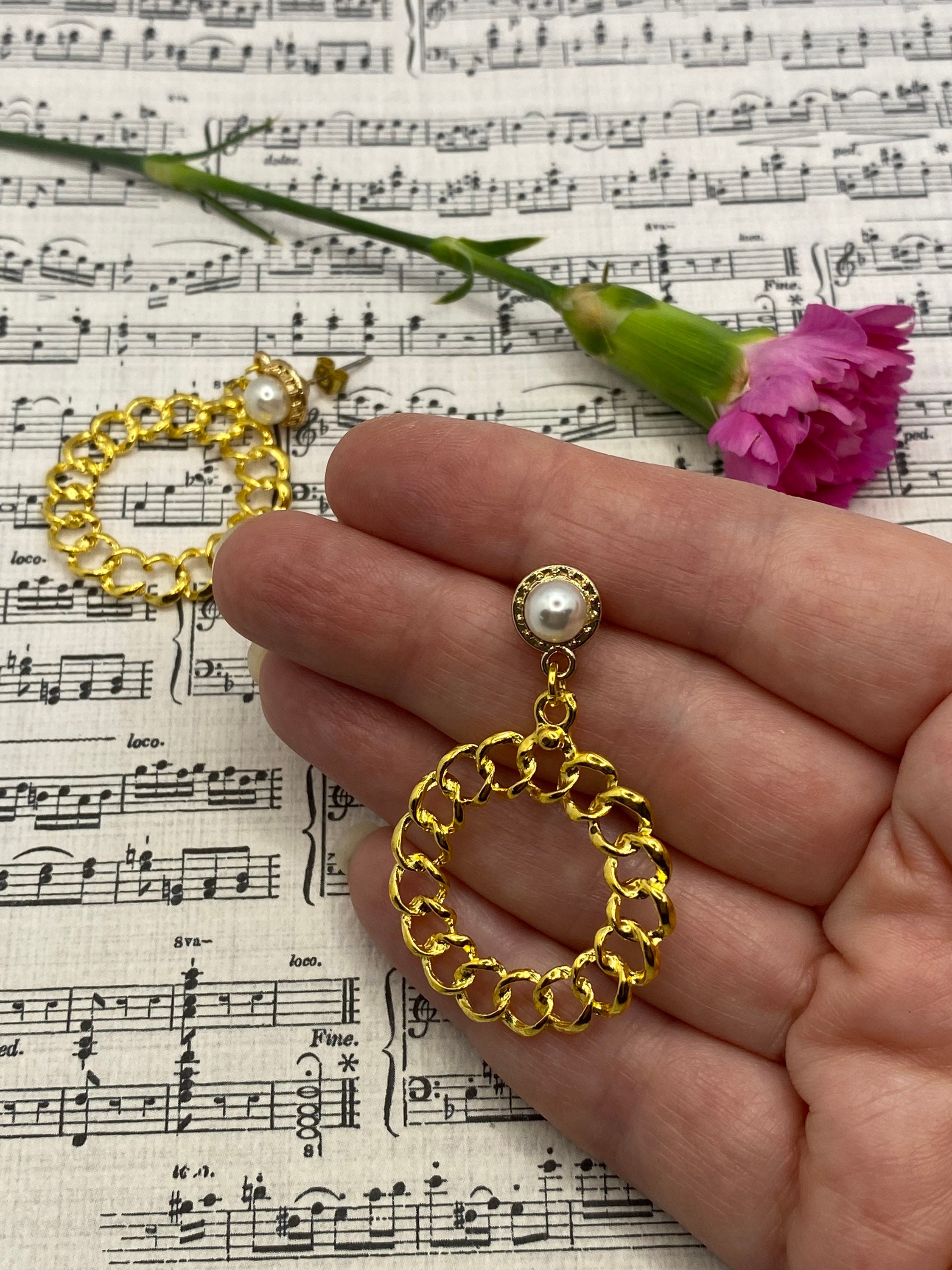 Pearl Hoop Chain Earrings Gold Tone 