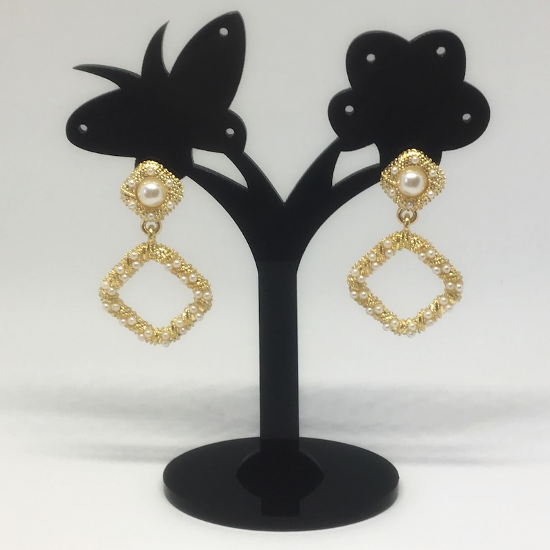 Eighties Retro Dangle Statement Earrings Square Gold and Pearl