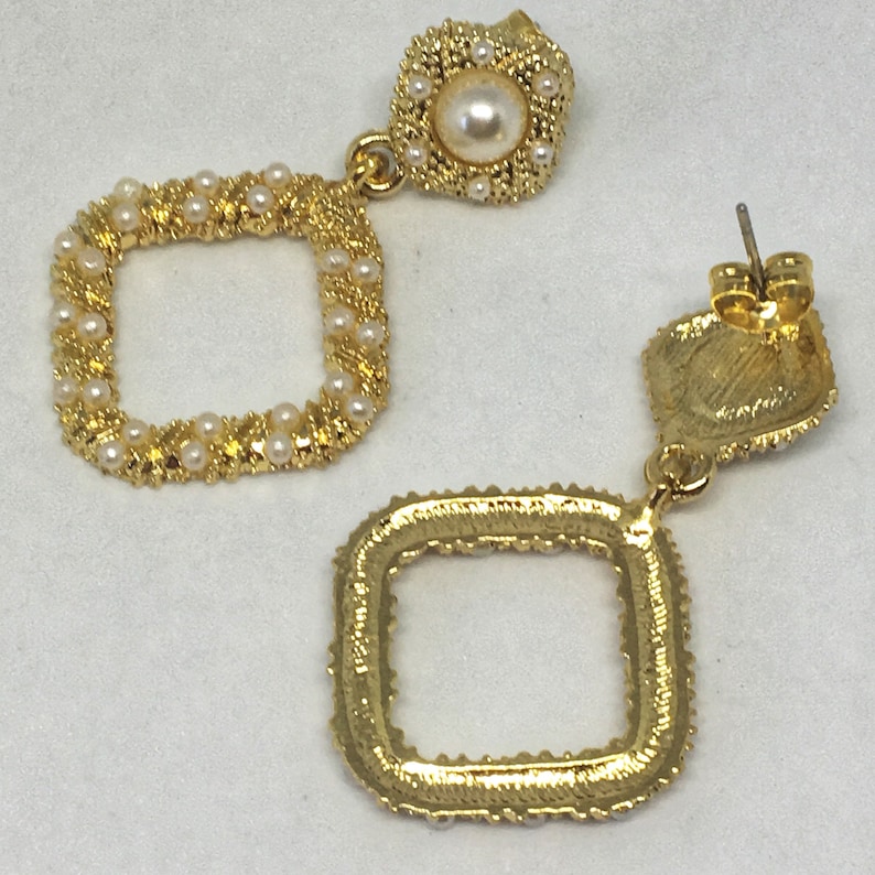 Eighties Retro Dangle Statement Earrings Square Gold and Pearl