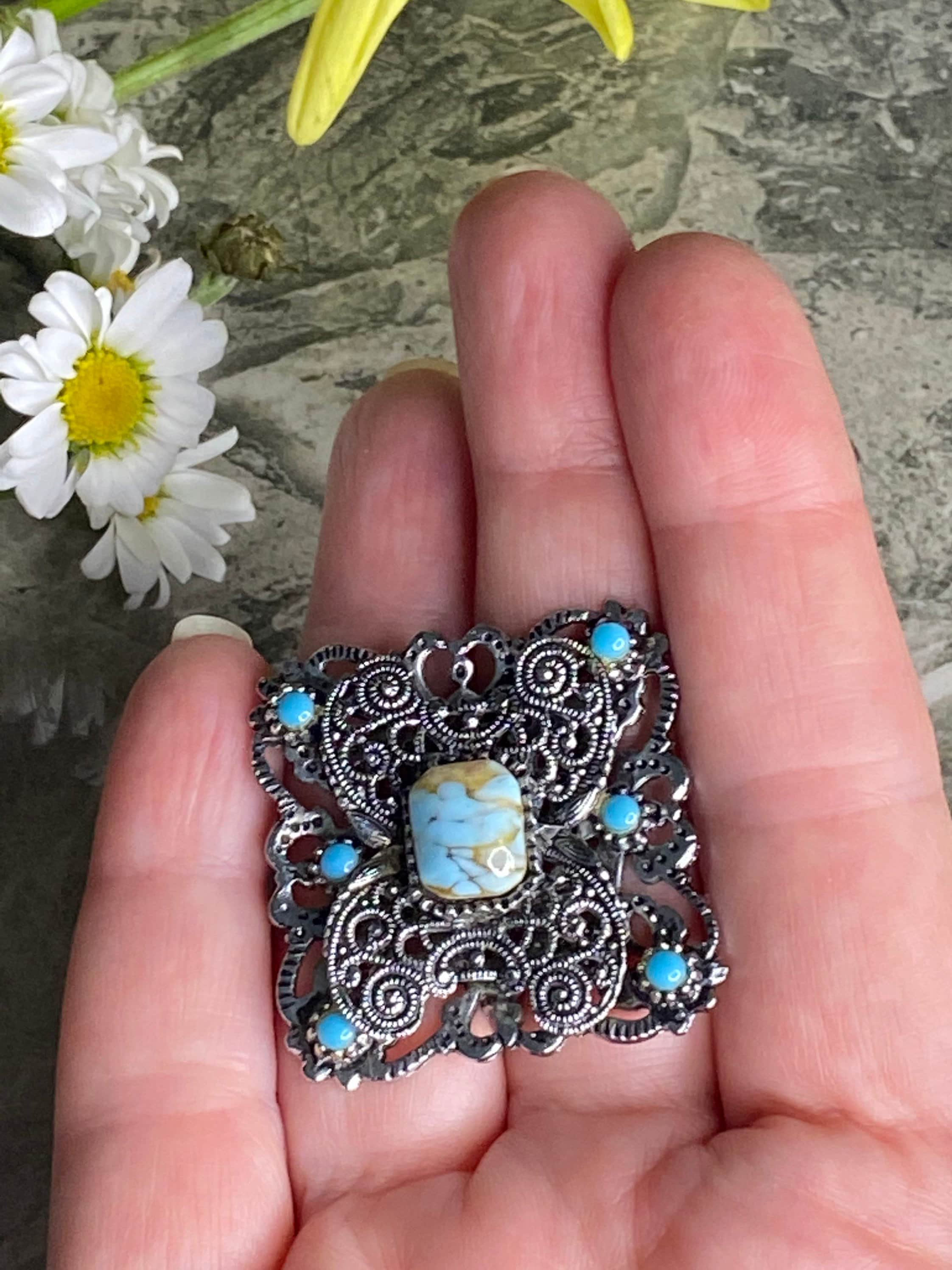 Broche Ancienne Vintage Argentée Avec Cabochon Turquoise Et Cristaux - Modèle 2603