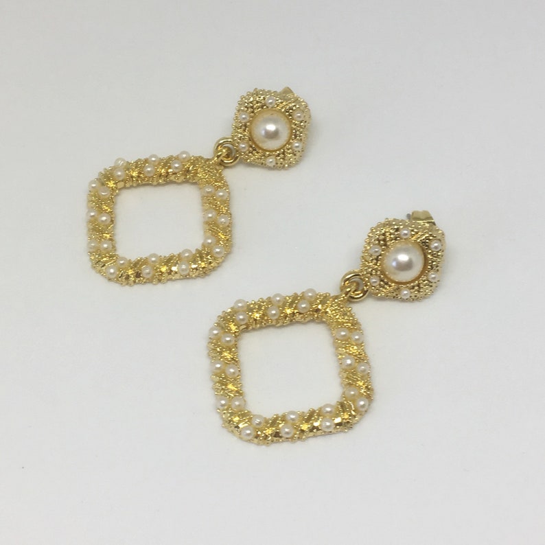 Eighties Retro Dangle Statement Earrings Square Gold and Pearl