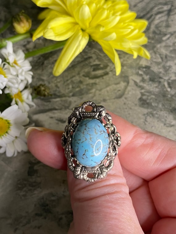 Vintage Turquoise Peking Glass Bohemian Ring, Silver Tone 