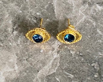 Tiny Eye Shaped Earrings, Gold Tone Ear Studs, Blue Crystal Stone