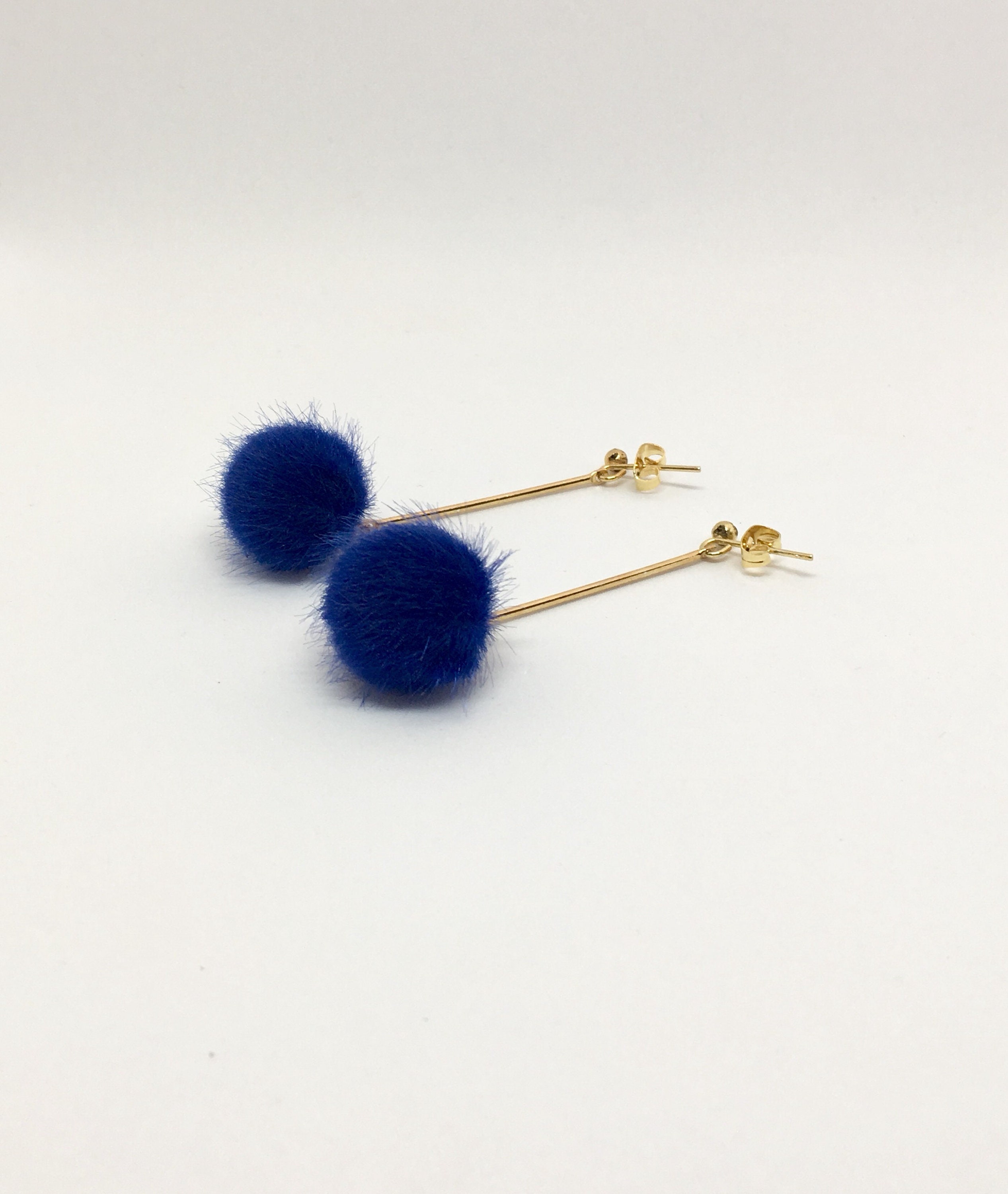 Statement Earrings Faux Fur Pom Pom Navy Blue Gold Plated Etsy