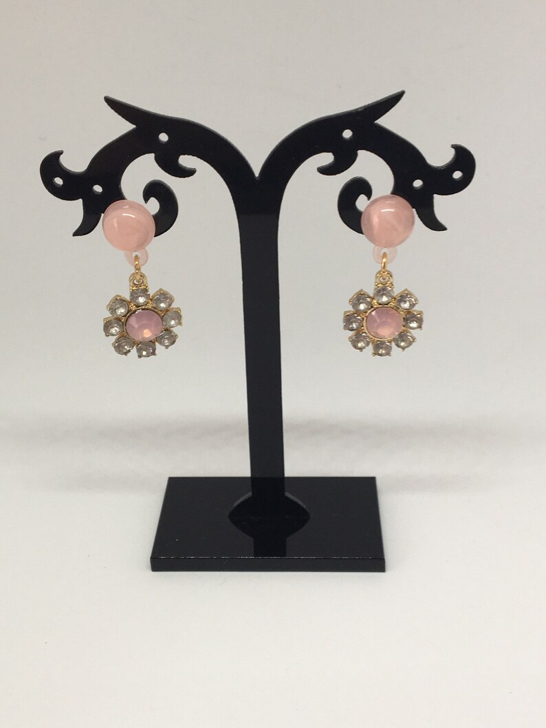 Pink Resin and Rhinestone Retro Style Flower Drop Earrings
