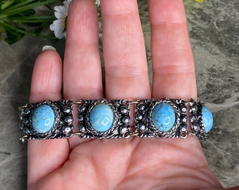 Bracelet Manchette Argenté Vintage - Perles Et Cabochon Turquoise - Bijou Unique Et Ouvert