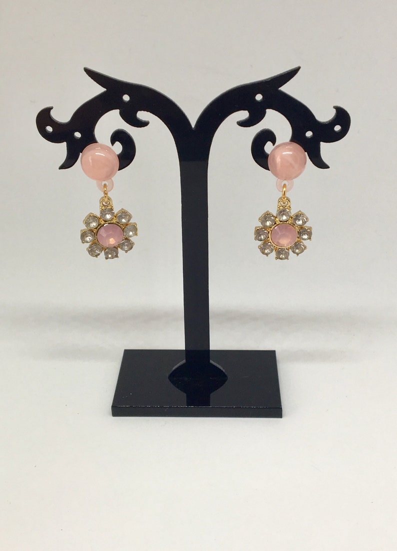 Pink Resin and Rhinestone Retro Style Flower Drop Earrings