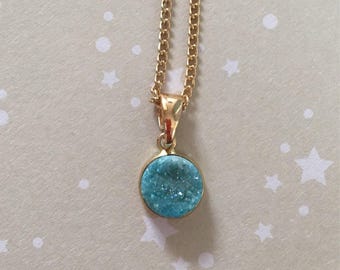 Boho Chic Real Druzy quartz stone Pendant in Turquoise, 18 inch Gold Plated Chain