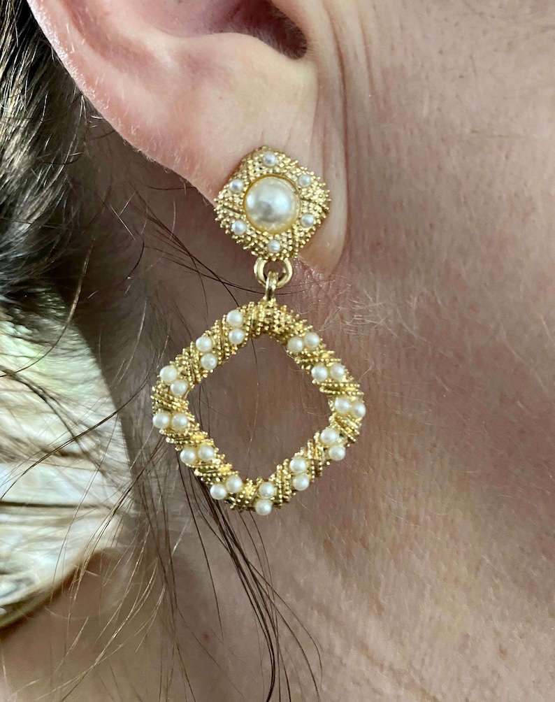 Eighties Retro Dangle Statement Earrings Square Gold and Pearl