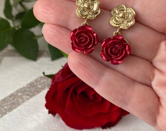 Red Rose Statement Dangle Earrings, Golden, Christmas Rose