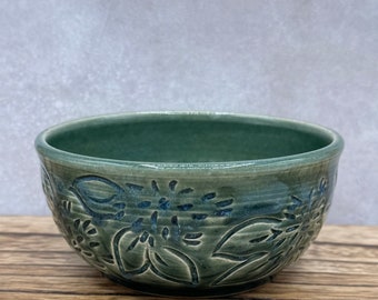 Cereal Bowl with Carved Dahlias in Teal