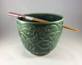 Ceramic Noodle Bowl with Dahlia Carving in Teal, Chopsticks Included, Ready to Ship