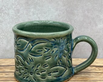 Small Mug with Carved Dahlias in Teal