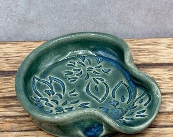 Coffee Spoon Rest with Carved Dahlias in Teal