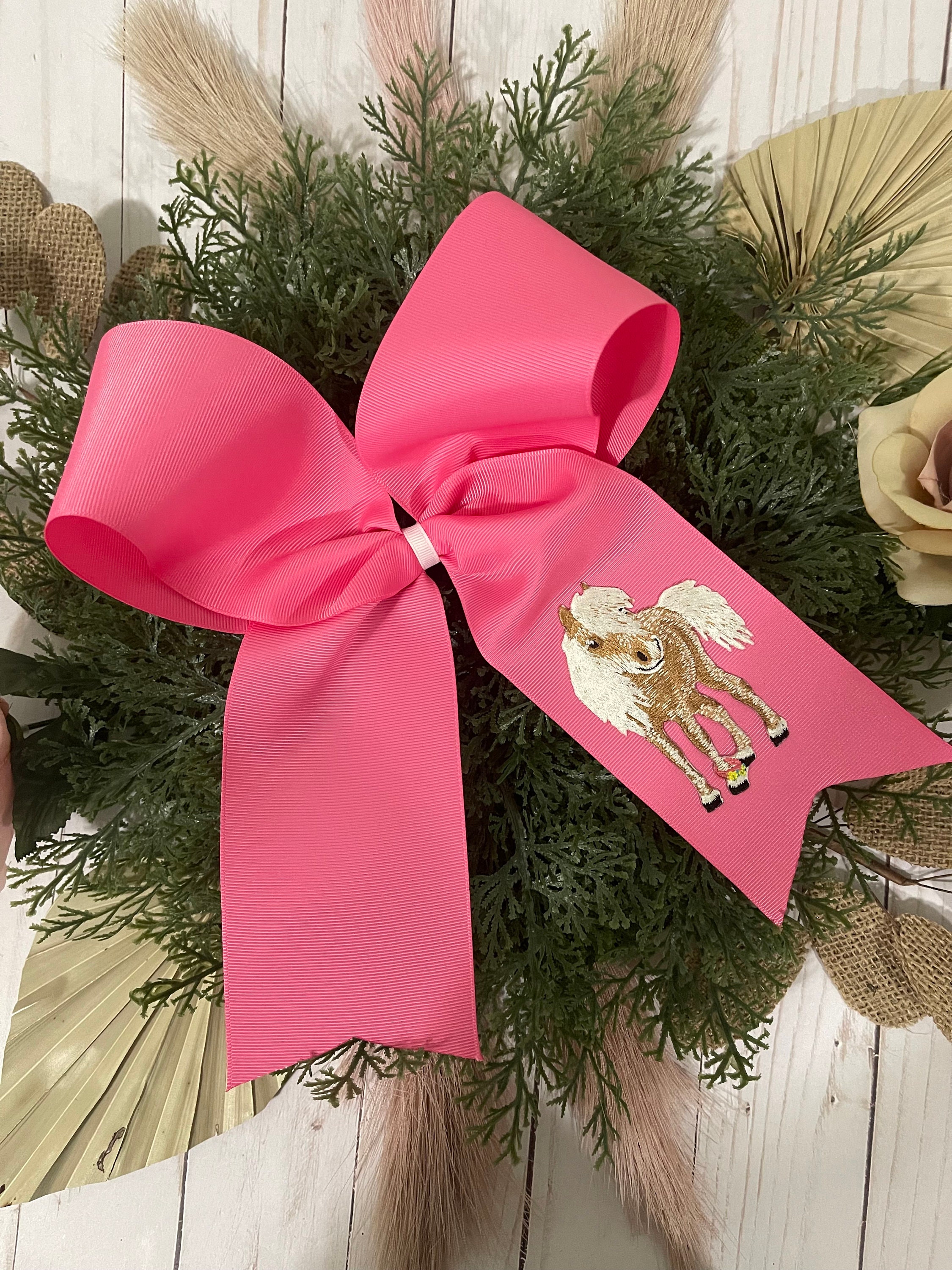 XXL cheer style hair bow pink horse pony appliqué 9x9x3.5"