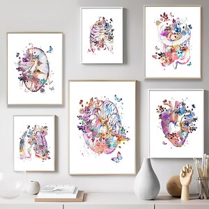 Cuadro en lienzo de anatomía del cuerpo humano con flores coloridas, cerebro, corazón, pulmones y órganos, pósteres artísticos para pared.