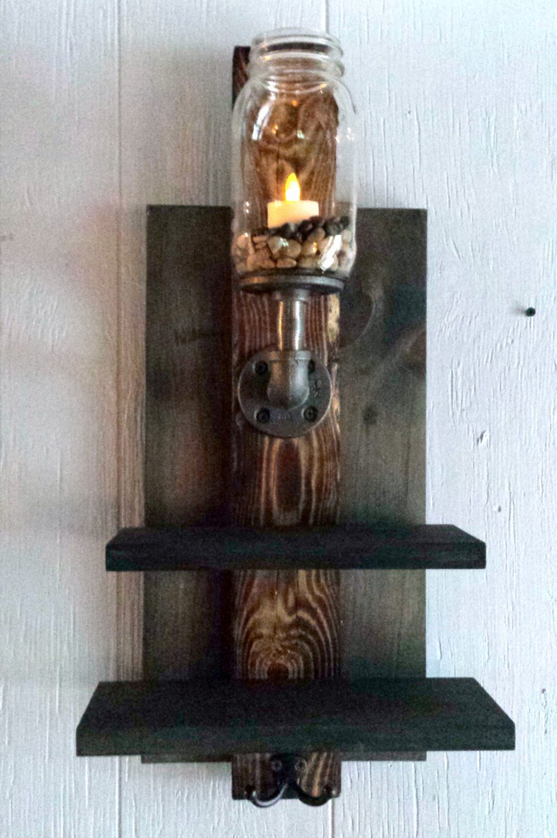 Mason Jar Sconce Entryway Shelf with hooks key hooks coat Etsy