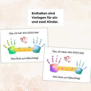 May include: Two greeting cards with handprint art and the text "Opa, ich hab' dich SOOO lieb!" and "Opa, wir haben dich SOOO lieb!" in German. Each card has a ruler graphic and the words "Alles Gute zum Geburtstag!"