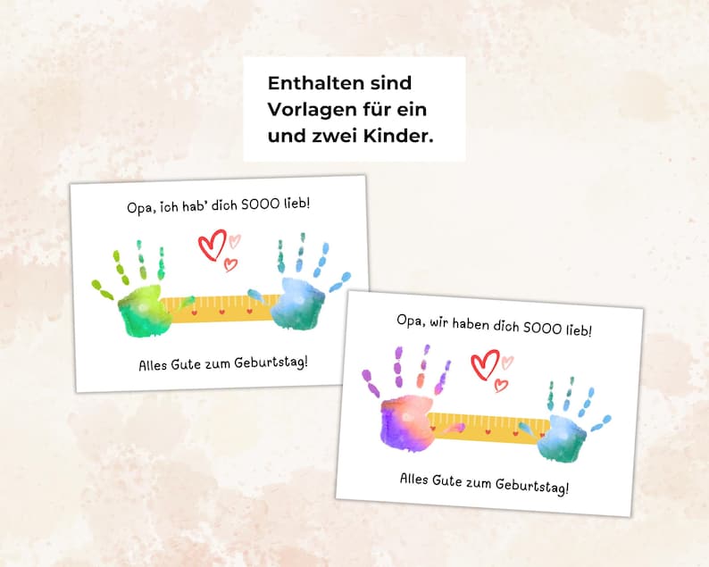 May include: Two greeting cards with handprint art and the text "Opa, ich hab' dich SOOO lieb!" and "Opa, wir haben dich SOOO lieb!" in German. Each card has a ruler graphic and the words "Alles Gute zum Geburtstag!"