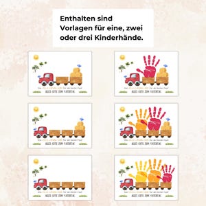Pu&ograve; includere: Biglietti per la festa del pap&agrave; con un camion rosso e balle di fieno. Alcuni biglietti presentano impronte di mani rosse, gialle e arancioni. Il testo sui biglietti recita "Alles Gute zum Vatertag" e "Vorlagen f&uuml;r eine, zwei oder drei Kinderh&auml;nde."