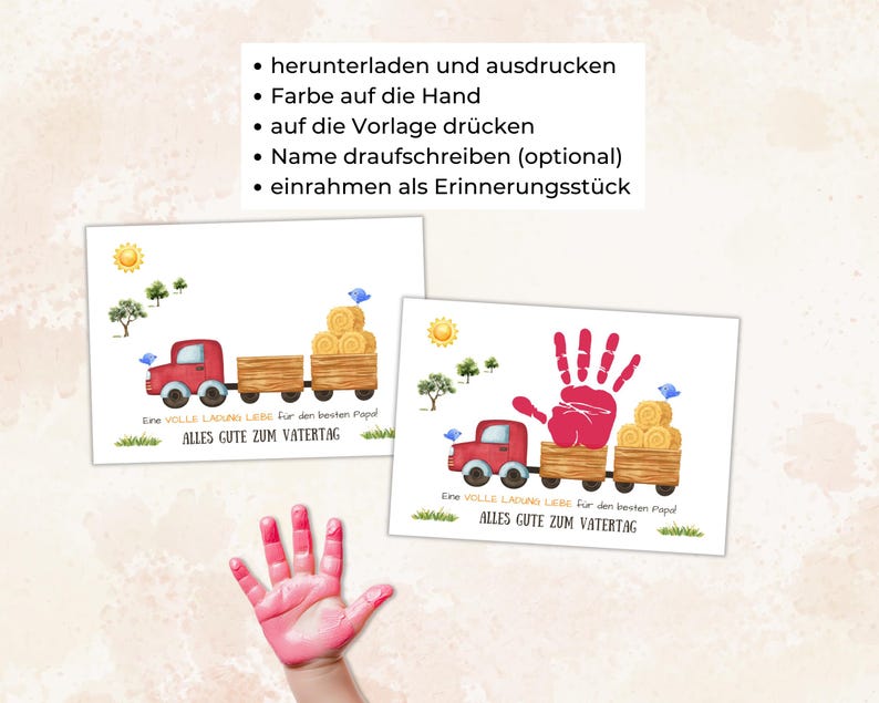 Pu&ograve; includere: Due biglietti stampabili per la festa del pap&agrave;. Una carta presenta un'impronta di mano rossa. Entrambe le carte mostrano un camion rosso che traina un rimorchio con balle di fieno, con testo tedesco e illustrazioni.