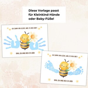 May include: Two white cards with a watercolor illustration of a bee holding a flower, surrounded by blue handprints and footprints. Text in German reads, "I hum with joy because I have you!" and "Grandma, I love you so much!"