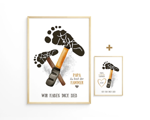Hammer Fußabdruck Vorlage für eine Karte zum Vatertag oder Geburtstag von Papa. Varianten für ein Kind oder zwei Kinder. Süßes DIY Geschenk.